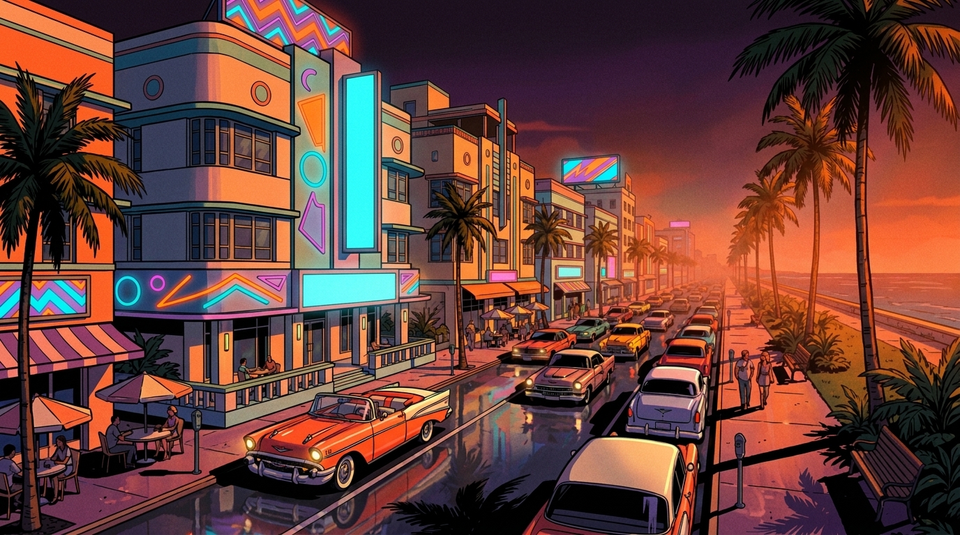 Ocean Drive - Le boulevard iconique de Vice City Beach dans GTA VI - ambiance 1