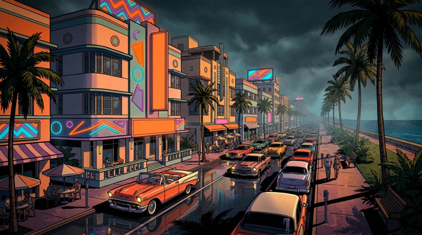 Ocean Drive - Le boulevard iconique de Vice City Beach dans GTA VI - ambiance 2